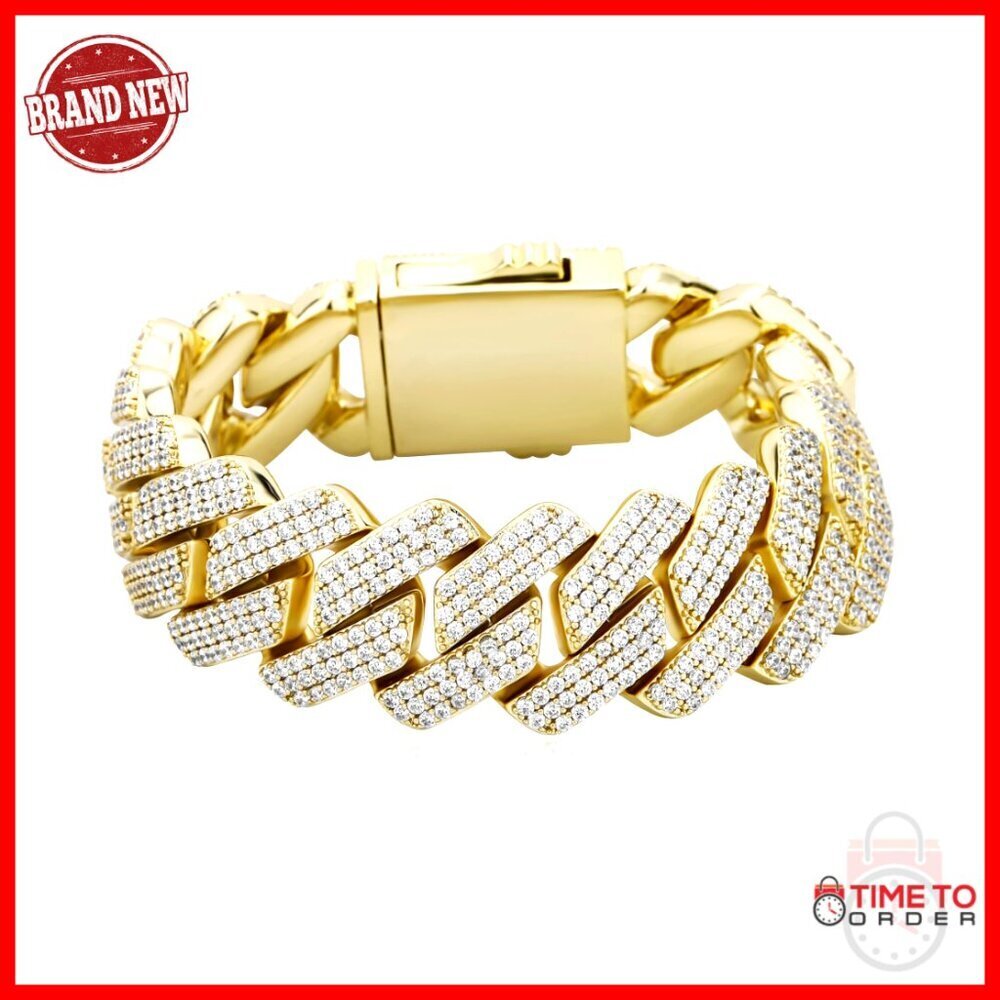 14K Gold Plated Cuban Link Bracelet 20mm 3 Row Chain Men's Jewelry